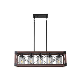 32" Red Wood Industrial Farmhouse Rectangle Pendant Light, 5-Light Chandelier with Lampshade for Dining Room, Kitchen Island, Cafe Decor (No Bulb