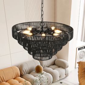24" Rustic 5-Tier Black Hemp Rope Pendant Light Chandelier with 8 E12 Sockets, Boho Farmhouse Ceiling Fixture for Dining Room, Kitchen