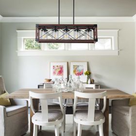 (Same as W1340P155971/L1011-RW-G) 32" Red Wood Industrial Farmhouse Rectangle Pendant Light, 5-Light Chandelier with Lampshade for Dining Room