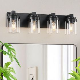 4 Light Bathroom Vanity Light, Matte Black Bathroom Light Fixtures with Clear Glass Shade