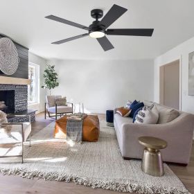 60 in. Indoor Black Low Profile Standard Ceiling Fan with Bright White Integrated LED Light,5 Solid Wood Blades