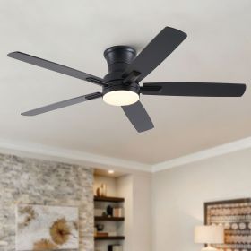 52 in. Mordern Farmhouse Matte Black Flush Mount Low Profile Ceiling Fan with Light and Remote Control Reversible Quiet Motor