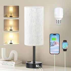 Light Beige Table Lamp for Nightstand - 3 Way Dimmable Bedside Lamp for Bedroom with USB C A Charging Ports and AC Outlet