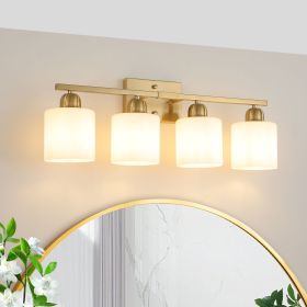 Gold Bathroom Light Fixtures, 4-Light Modern Vanity Light Over Mirror, Wall Sconces with Milky White Frosted Glass Shades